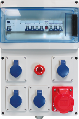 Coffret de chantier triphasé 4xPC 2P+T, 1xPC IEC309 32A