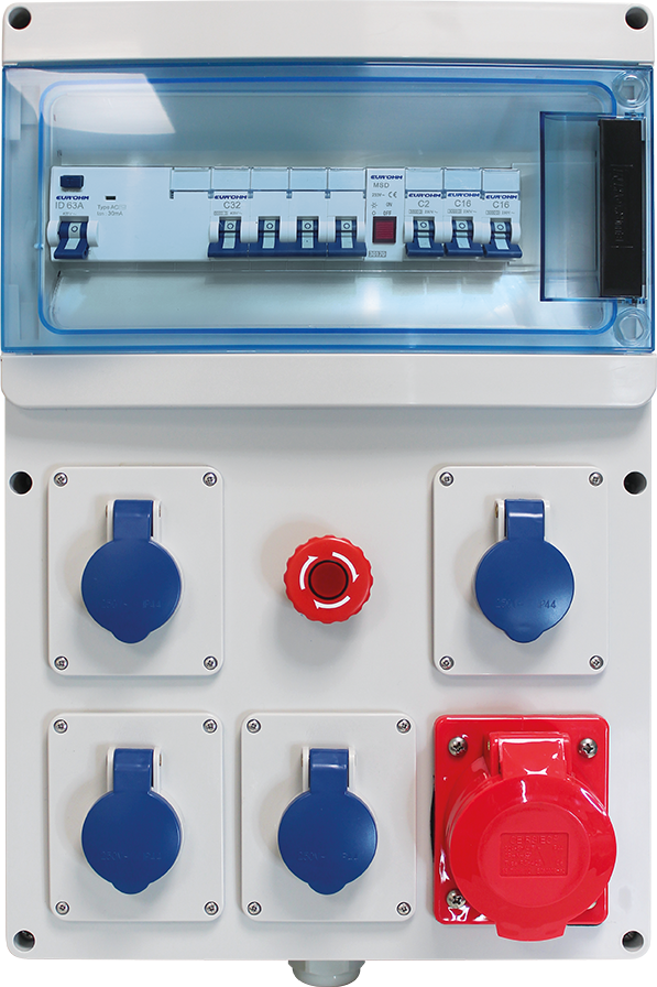 Coffret de chantier triphasé 4xPC 2P+T, 1xPC IEC309 32A