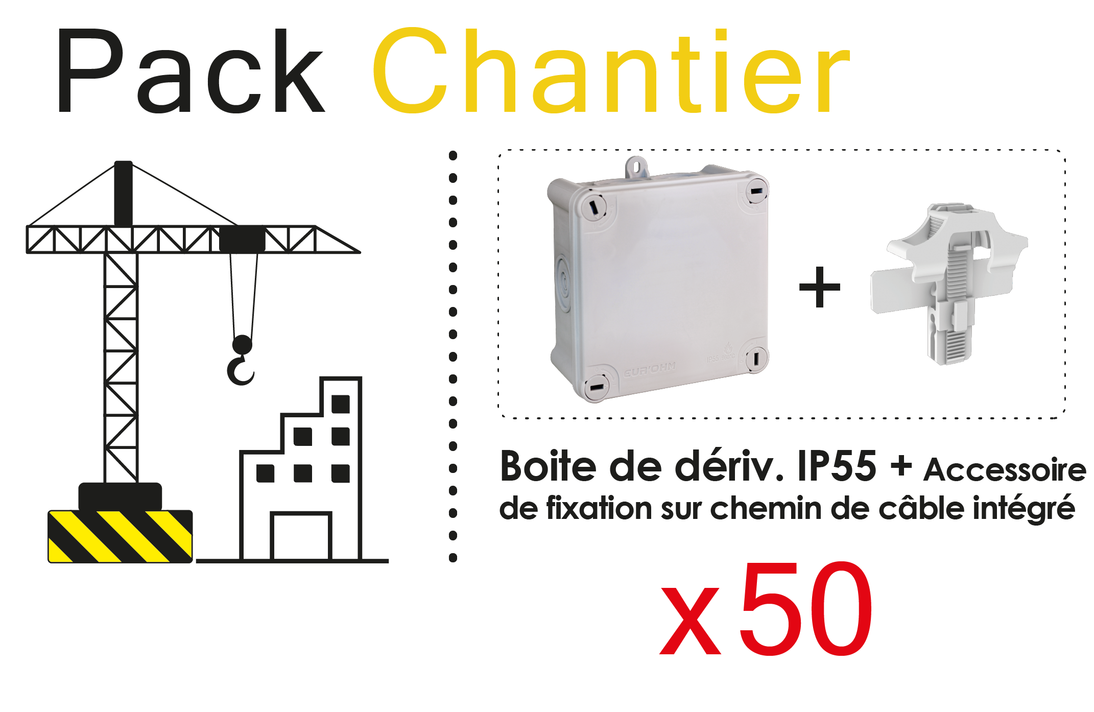 Boite de dérivation IP55 105X105X55mm 1/4T - 960°+ Accessoire de fixation sur chemin de cable fil ou dalle