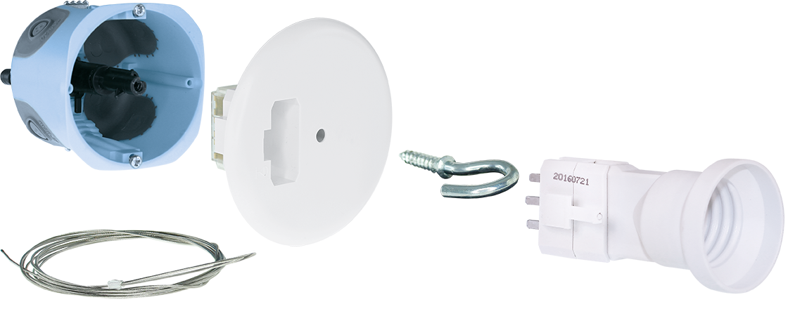 Kit boite de centre AIR'metic DCL Ø67/68mm pour plaque de platre+filin métallique 2m + système d'arrimage et de blocage du filin intégré dans la boite + fiche/douille DCL E27