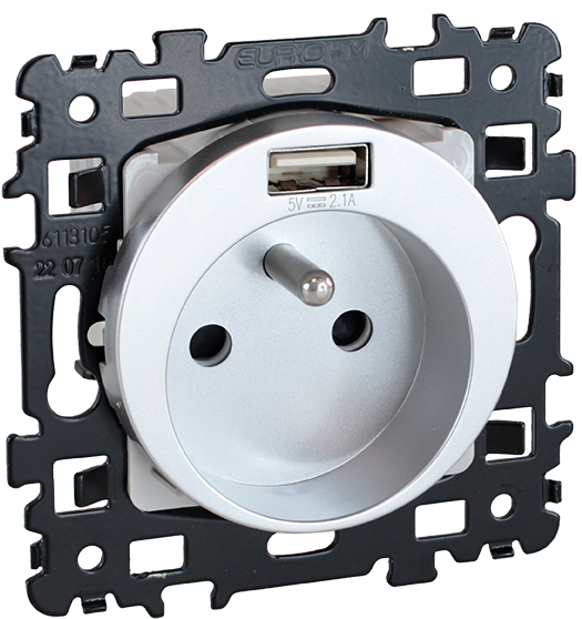 SQUARE Prise 2P+T + USB A Silver