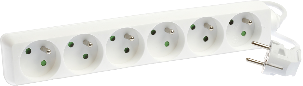 Bloc de 6 prises 2P+T sans interrupteur cable 3x1mm² 1m blanc