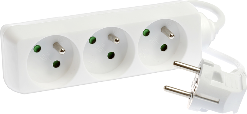 Bloc de 3 prises 2P+T sans interrupteur cable 3x1mm²,5mm² 1,5m blanc