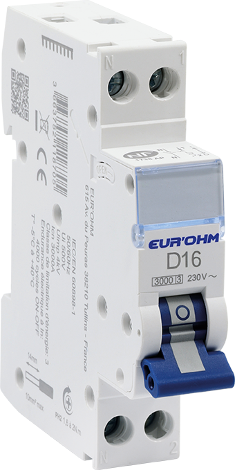 Disjoncteur 1P+N 16A courbe D connexion vis/vis 4,5kA NF