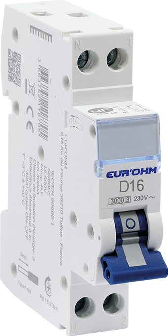Disjoncteur 1P+N 16A courbe D connexion vis/vis 4,5kA NF