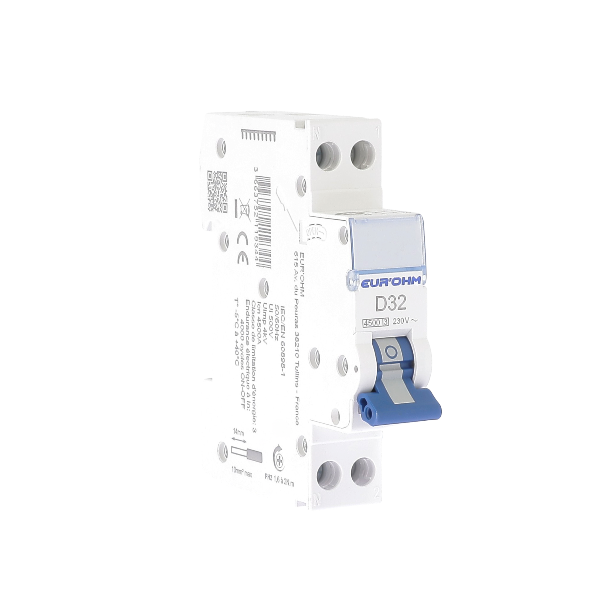 Disjoncteur 1P+N 32A courbe D connexion vis/vis 4,5kA NF